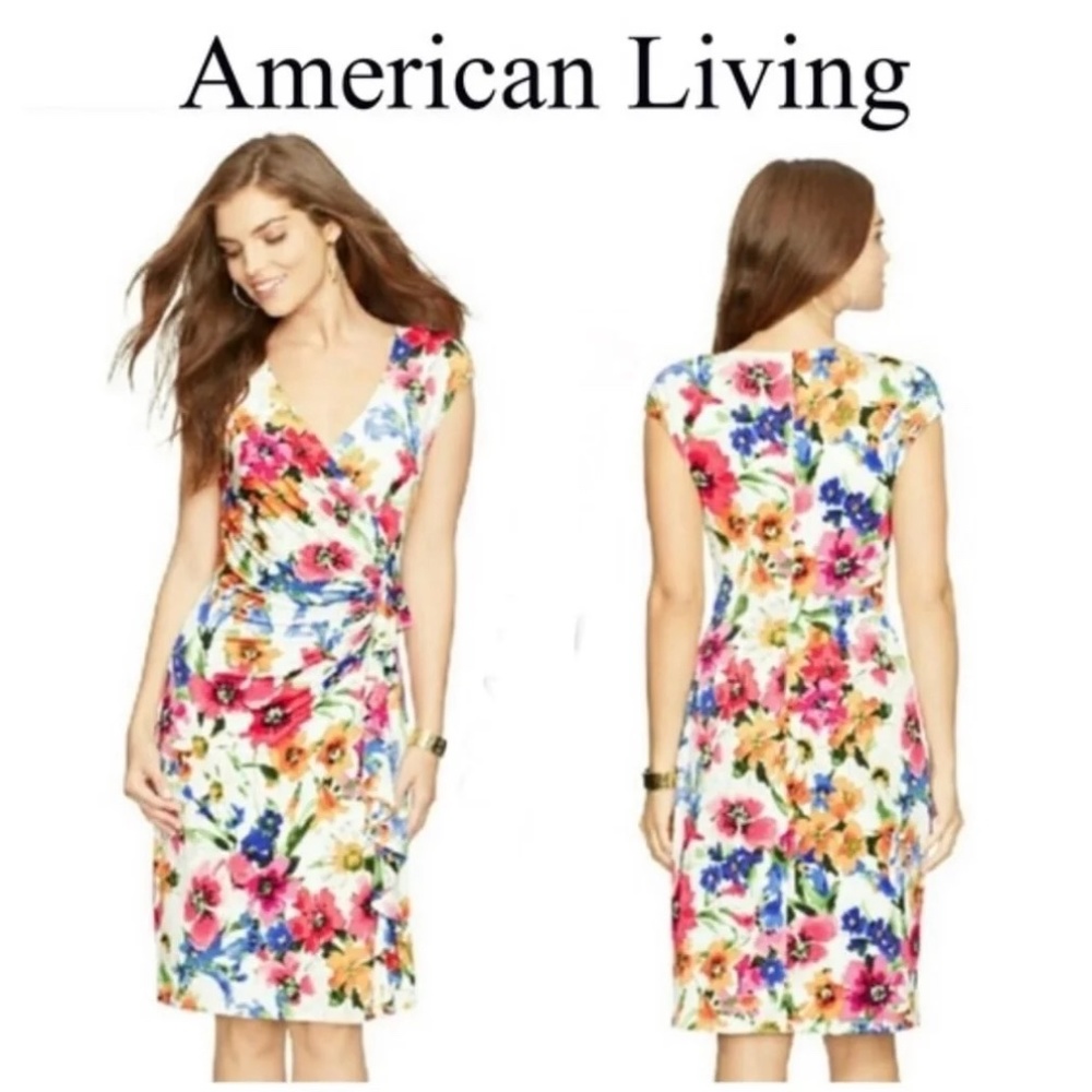 American Living Dress white floral print faux wrap